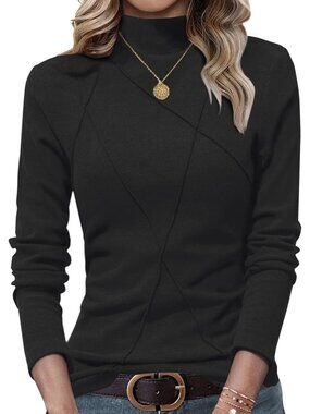 Women's Black Mock Turtleneck Long Sleeve Stitching Layering Slim Fit Tunic Top